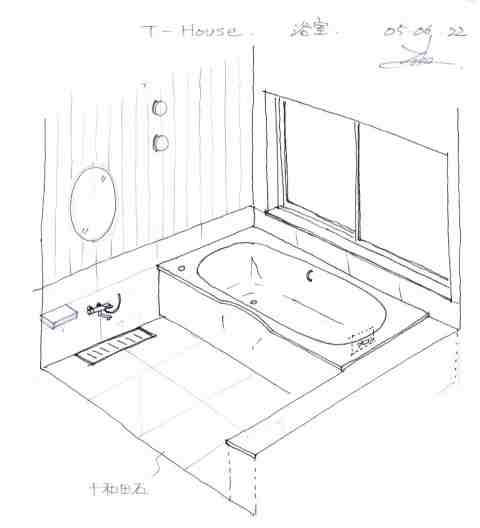 浴室のスケッチ浴槽の高さに手前の腰壁を合わせ、手摺を追加しバリアフリーを考慮