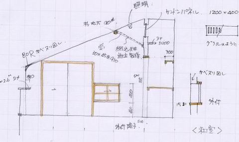 ２回和室のスケッチ　網代天井は施主自信作